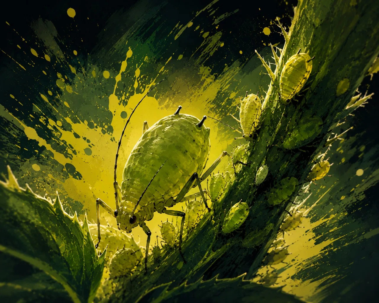 Stylized aphids clustered on plant growth