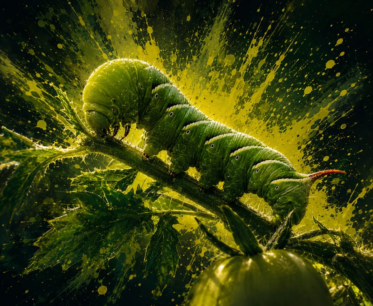 Stylized tomato hornworm on a tomato plant