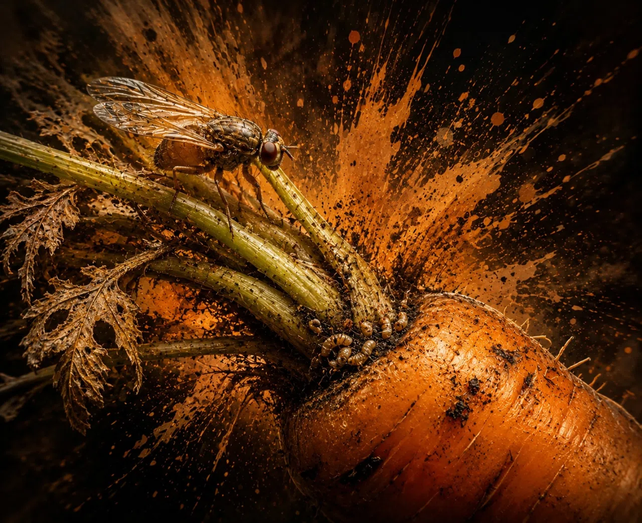 Stylized carrot rust fly and carrot root