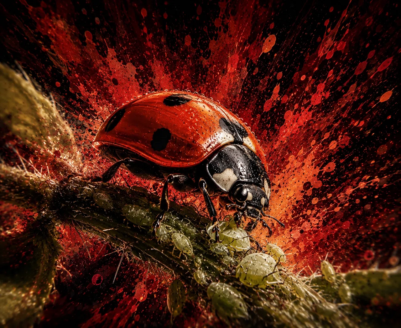 Stylized lady beetle hunting aphids
