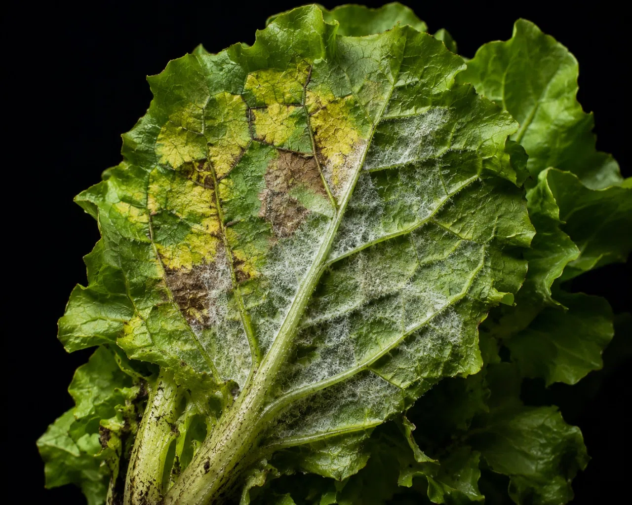 Lettuce leaf showing downy mildew symptoms