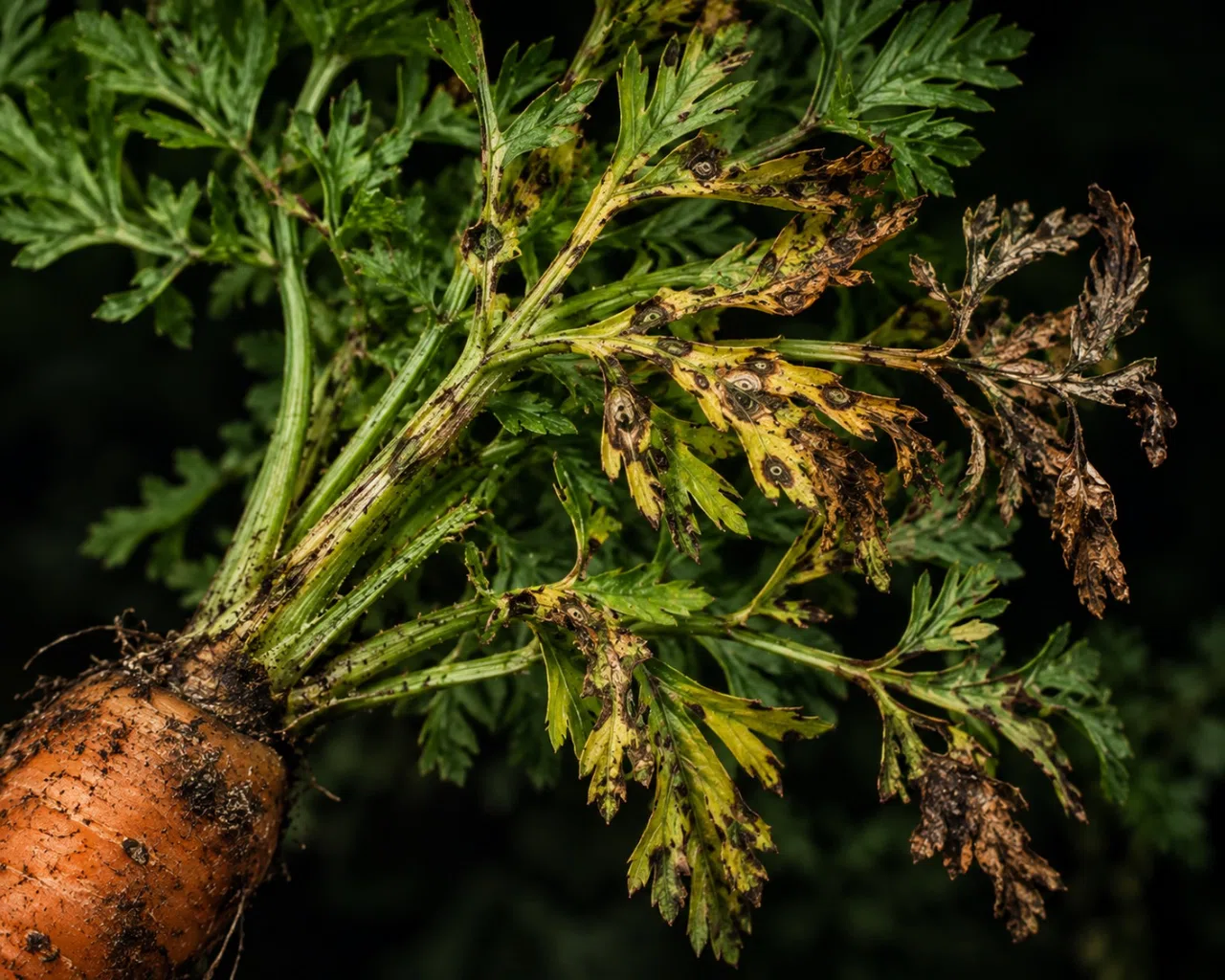 Carrot foliage showing Alternaria leaf blight symptoms