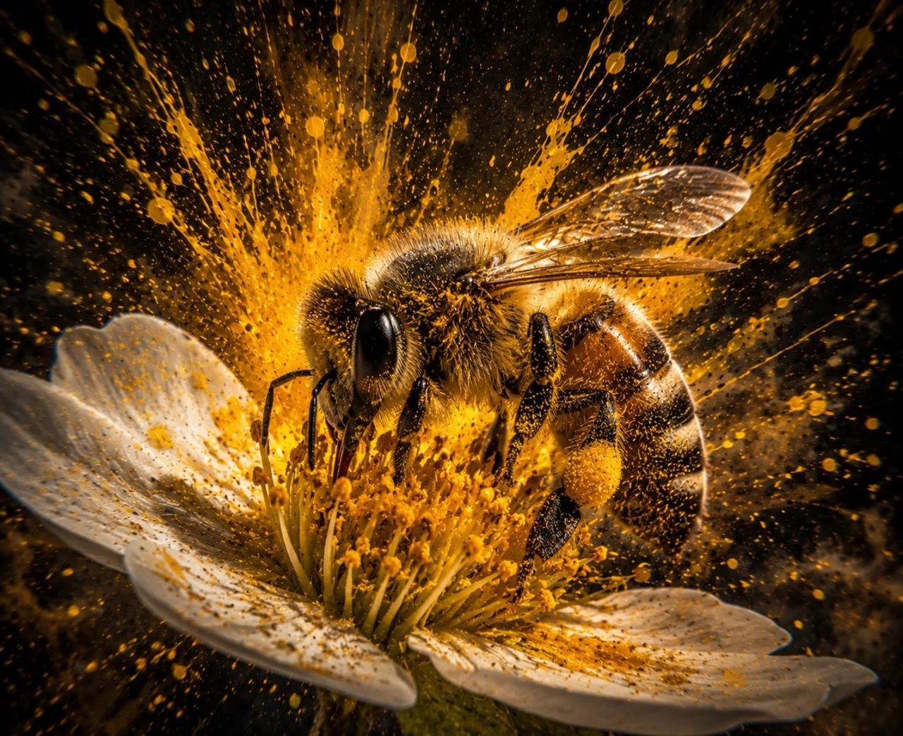 Stylized bee pollinating a flower