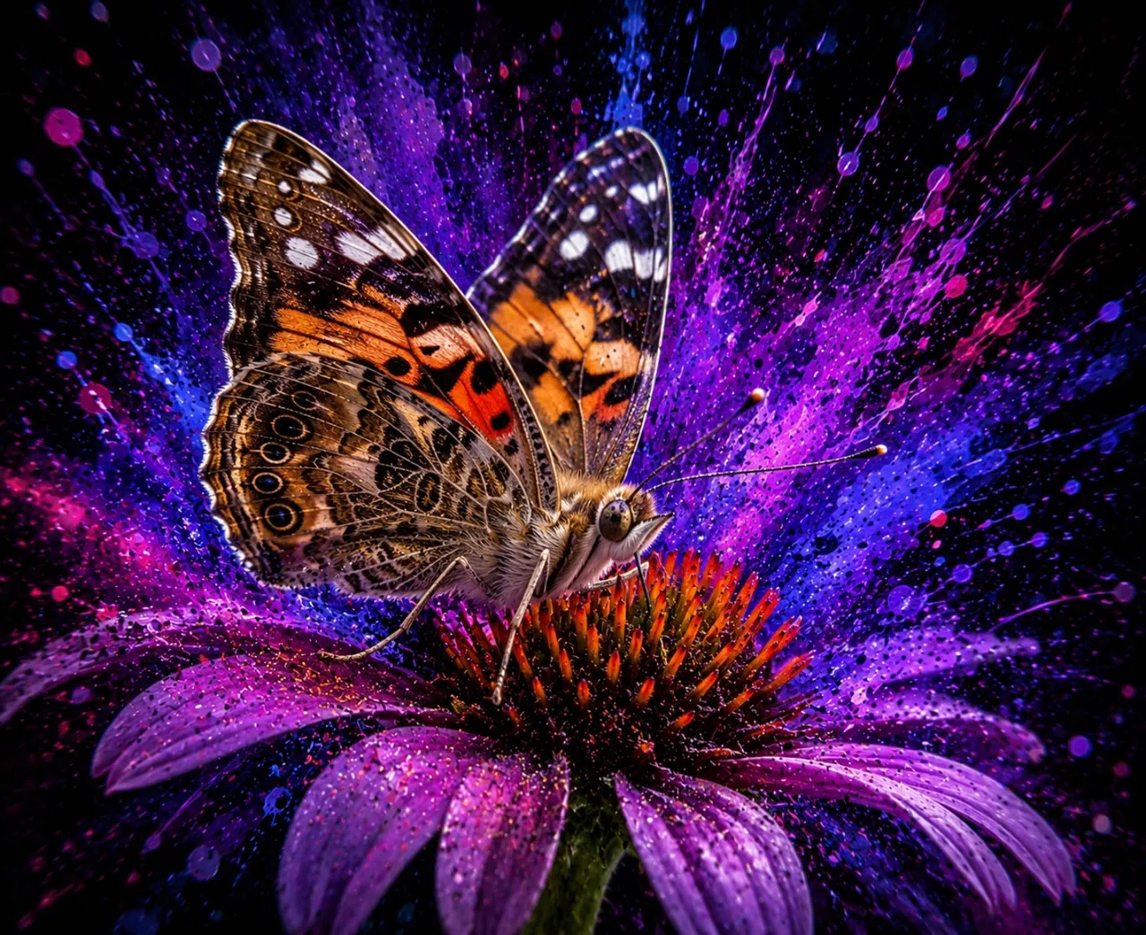 Stylized butterfly visiting a flower